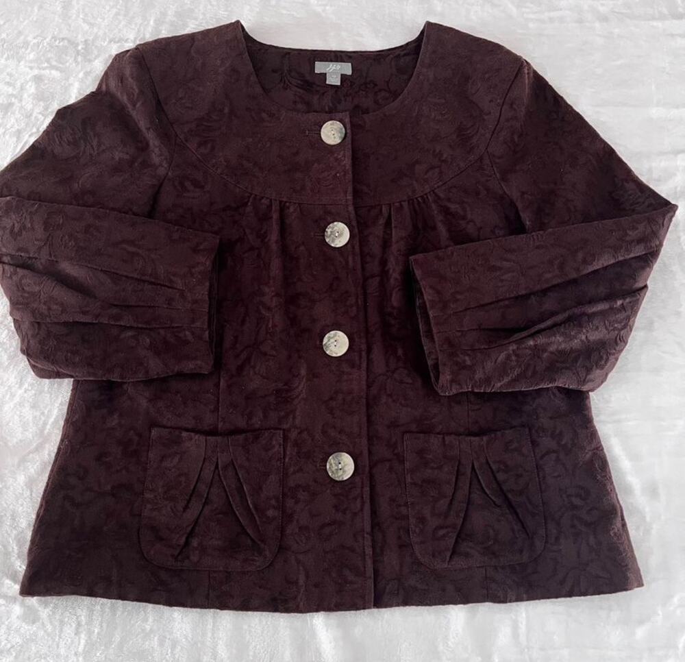 J. Jill Jacket Women’s SZ 12 Brown Cropped Buttoned Floral Textured J.Jill
